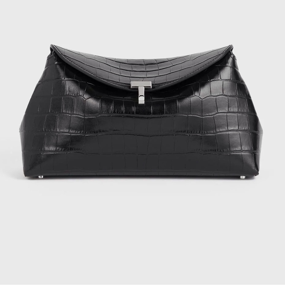 Toteme T-Lock Croc-Embossed Leather Clutch Bag